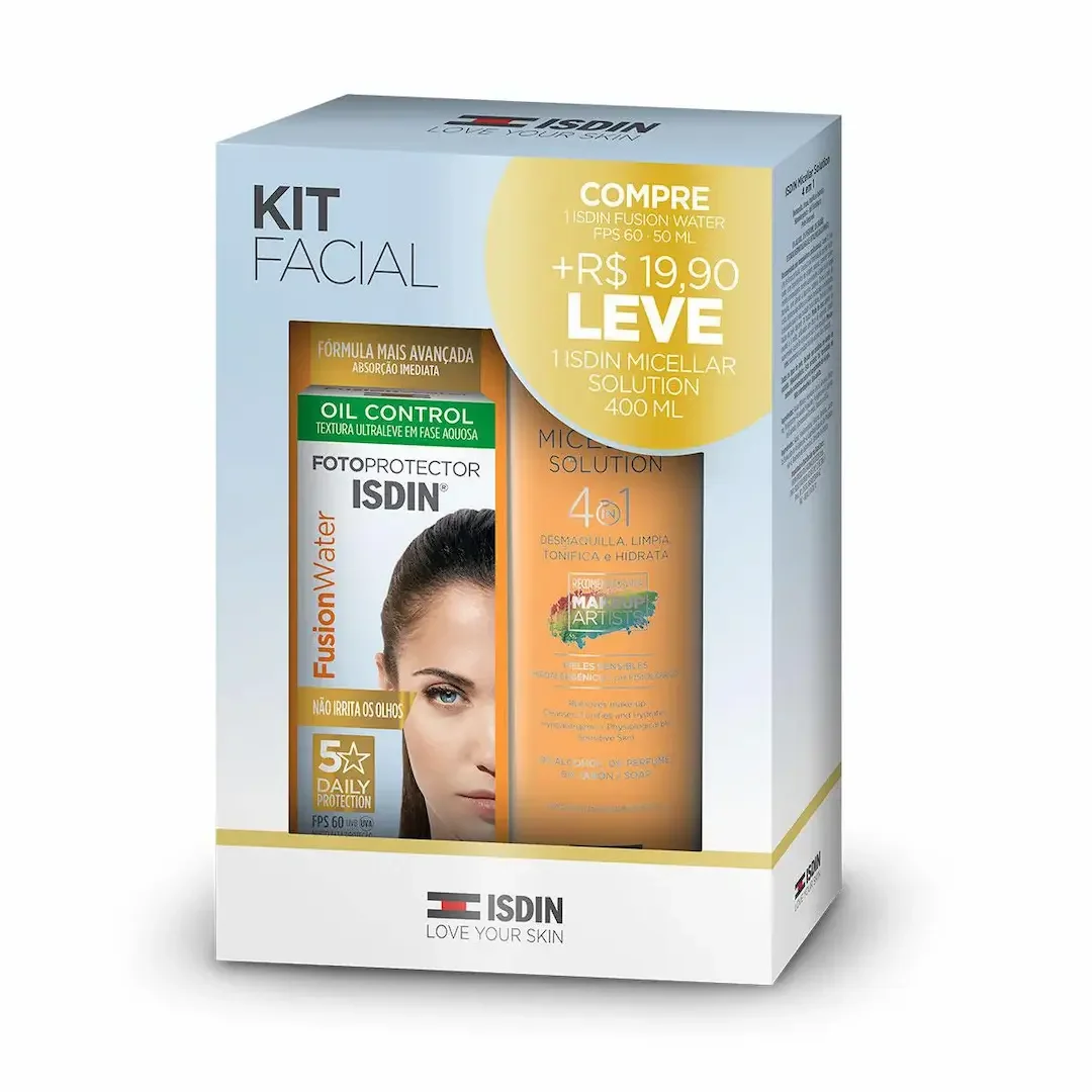 Kit Isdin Protetor Solar Facial Fusion Water FPS 60 50ml + Solução Micelar 400ml